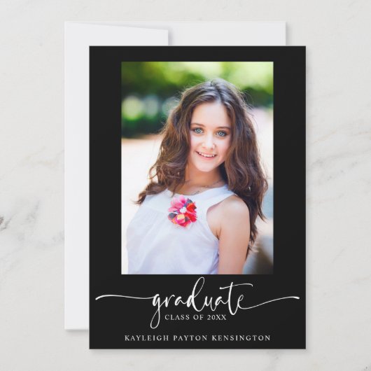 Faire-part Black Modern Elegant Script Graduation Photo (Devant)