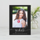 Faire-part Black Modern Elegant Script Graduation Photo (Debout devant)