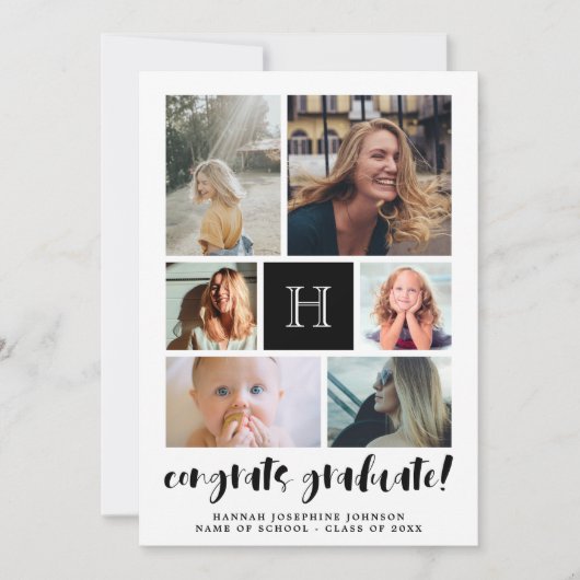 Faire-part Black Monogramme Photo Collage Félicats Diplômé (Devant)