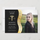 Faire-part Black | Or Diplômé Vague Caducée MD Diplômé de l'É (Devant)