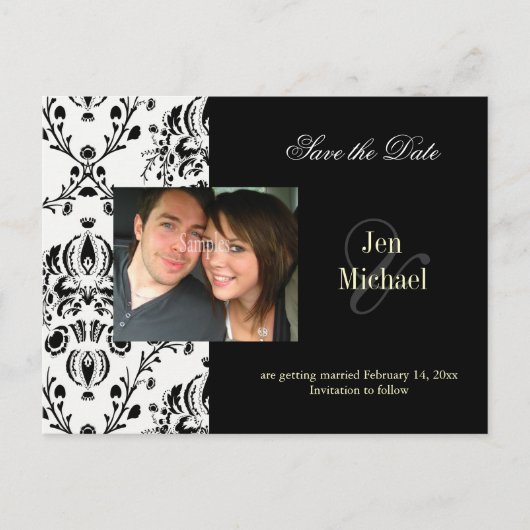 Faire-part Black + white Damask Save Date Carte postale photo (Devant)