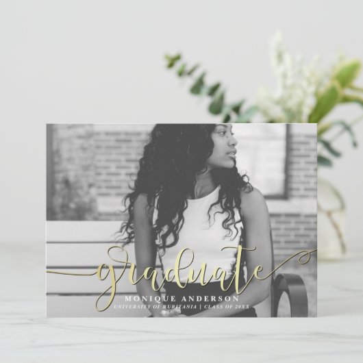 Faire-part Black White & Gold Script & Stripes Graduate Photo (Debout devant)