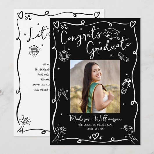 Faire-part Black White Hand Drawn Doodle Style Graduate Photo (Devant / Derrière)