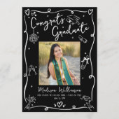 Faire-part Black White Hand Drawn Doodles Graduation 4 Photo (Devant)
