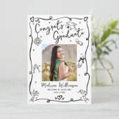 Faire-part Black White Hand Drawn Doodles Graduation Photo (Debout devant)