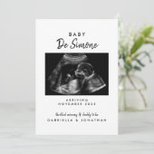 Faire-part Black White Typography Sonogram Photo Pregnancy (Debout devant)