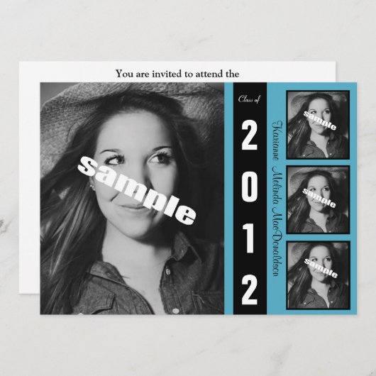 Faire-part blanc et bleu noir moderne d'obtention (Devant / Derrière)