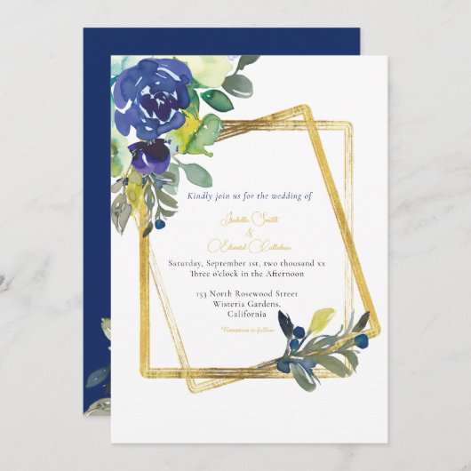 Faire-part blanc floral bleu foncé et jaune à cadr (Devant / Derrière)