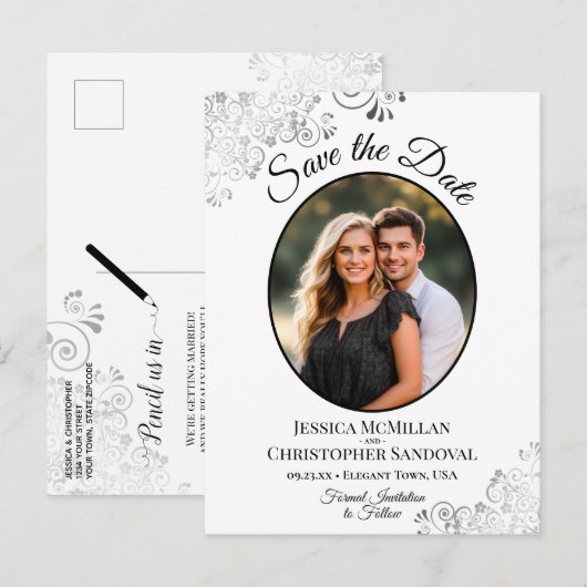 Faire-Part Blanc Mariage Dentelle d'Argent Photo O (Devant / Derrière)