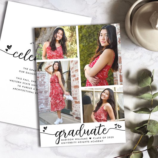 Faire-part Blancs Noirs Graduation 4 Coeurs de calligraphie p