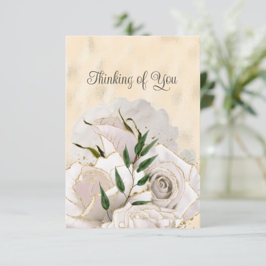 Faire-part Blank Glamour Or Roses Blanches Penser à vous (Debout devant)