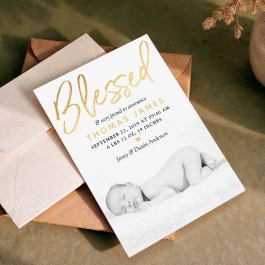 Faire-part "Blessed" Gold Foil Photo Birth Announcement