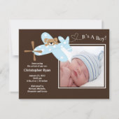 Faire-part Bleu Avion Bébé Garçon Anniversation de naissance (Devant)