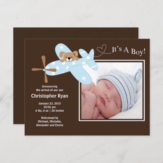 Faire-part Bleu Avion Bébé Garçon Anniversation de naissance (Devant / Derrière)