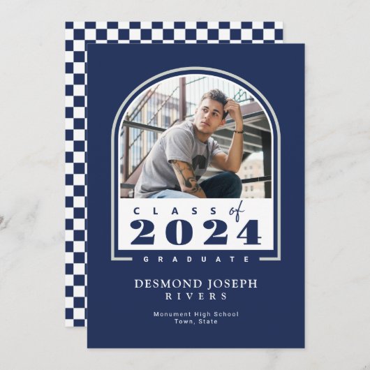 Faire-part Bleu Blanc 2024 Arc moderne photo Graduation (Devant / Derrière)