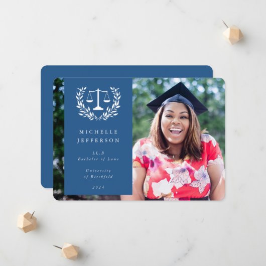 Faire-part Bleu + blanc Balances Laurel (Devant/Arrière en situation)