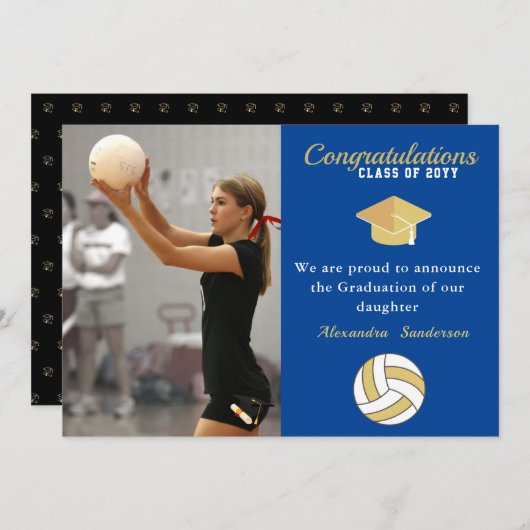 Faire-part Bleu blanc et Golden Volleyball graduation (Devant / Derrière)