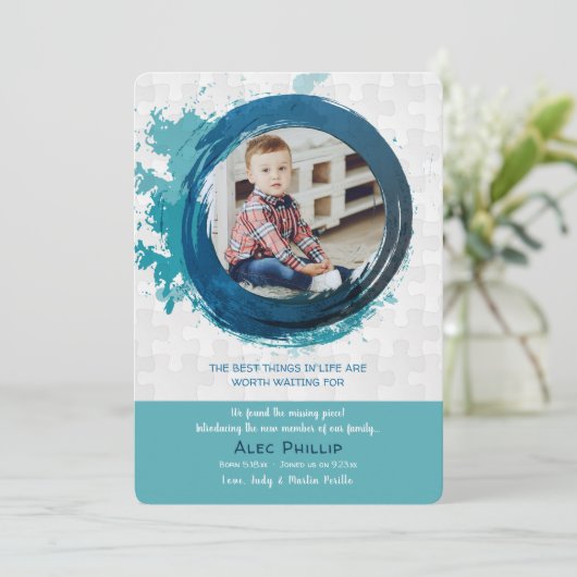 Faire-part bleu d'adoption de photo de morceaux de (Debout devant)