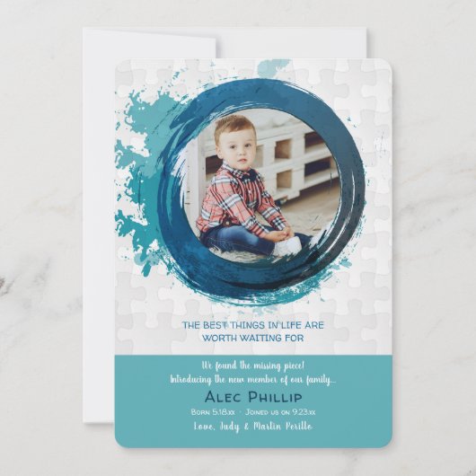 Faire-part bleu d'adoption de photo de morceaux de (Devant)