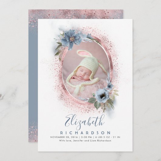 Faire-part Bleu Dusty et Rose Gold Photo Bébé naissance (Devant / Derrière)