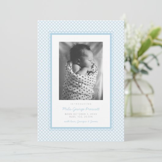 Faire-part Bleu en vichy doux simple une photo naissance (Debout devant)