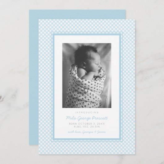 Faire-part Bleu en vichy doux simple une photo naissance (Devant / Derrière)