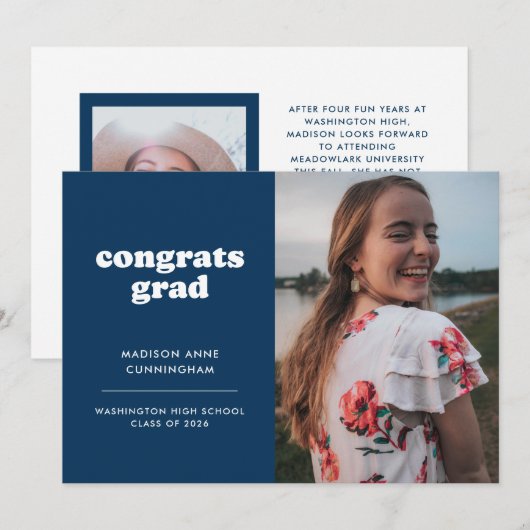 Faire-part Bleu et blanc Congrats Grad Two Diplôme Photo (Devant / Derrière)