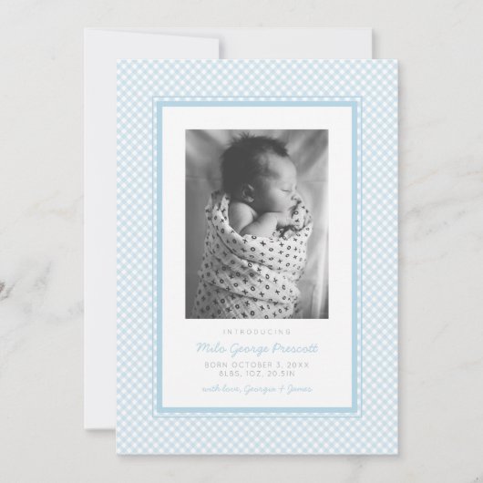 Faire-part Bleu gingham douce simple une photo naissance (Devant)