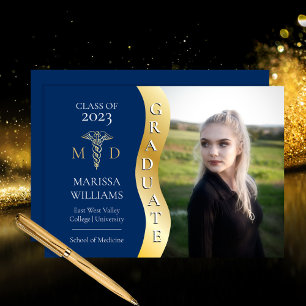 Faire-part Bleu Gold Wave Caduceus MD Médicale Grad
