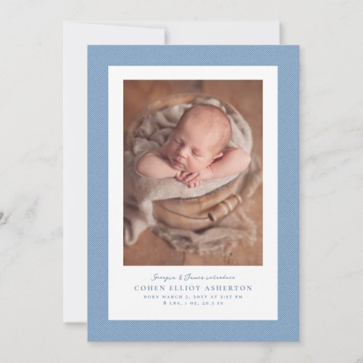 Faire-part Bleu herringbone tweet cadre simple photo naissanc (Devant)