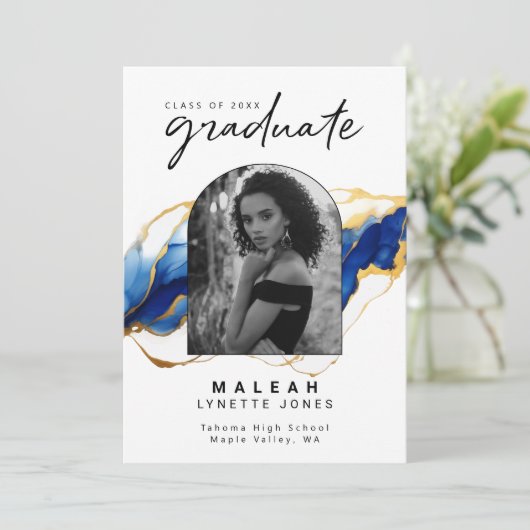 Faire-part Bleu Jaune Or Élégant Arc Photo Graduation (Debout devant)
