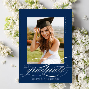 Faire-part Bleu Moderne Élégant Script Photo Graduation