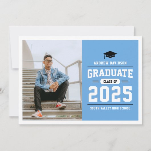 Faire-part Bleu moderne noir photo Graduation (Devant)