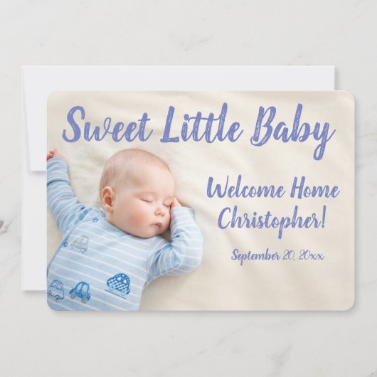 Faire-part Bleu Nouveau bébé, Photo Avec Nom, (Devant)