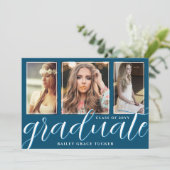 Faire-part Bleu Océan Script 3-Photo Graduate (Debout devant)