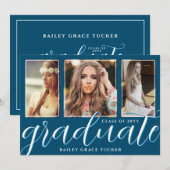 Faire-part Bleu Océan Script 3-Photo Graduate (Devant / Derrière)