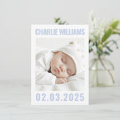Faire-part Bleu poussiéreux moderne blanc nouveau bébé photo  (Debout devant)