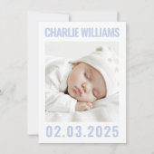 Faire-part Bleu poussiéreux moderne blanc nouveau bébé photo  (Devant)