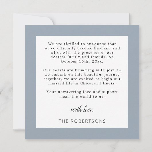 Faire-part Bleu Poussiéreux Nous Nous Sommes Mariés en Elopem (Dos)