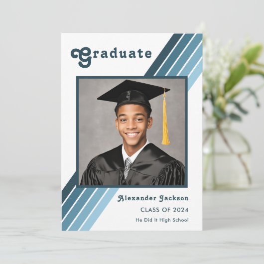 Faire-part Bleu Rétro Bande Bleue Basse Photo Lycée (Debout devant)