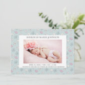 Faire-part Bleu rose Blanc Floral Fille Photo Naissance (Debout devant)