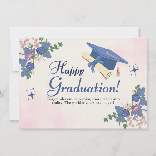 Faire-part Bleu rose Doux Fleur Joyeux Graduation (Devant)