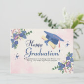 Faire-part Bleu rose Doux Fleur Joyeux Graduation (Debout devant)