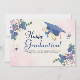 Faire-part Bleu rose Doux Fleur Joyeux Graduation