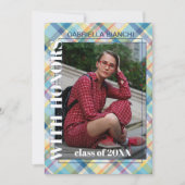 Faire-part Bleu rose orange jaune Tartan Plaid Graduation (Devant)