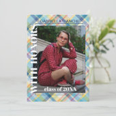 Faire-part Bleu rose orange jaune Tartan Plaid Graduation (Debout devant)