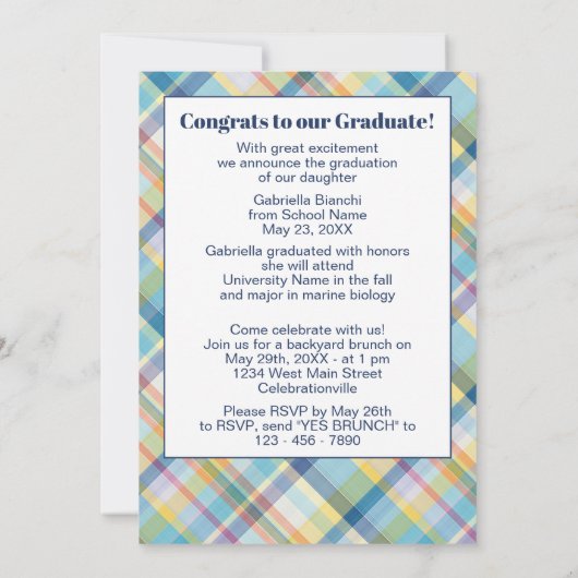 Faire-part Bleu rose orange jaune Tartan Plaid Graduation (Dos)