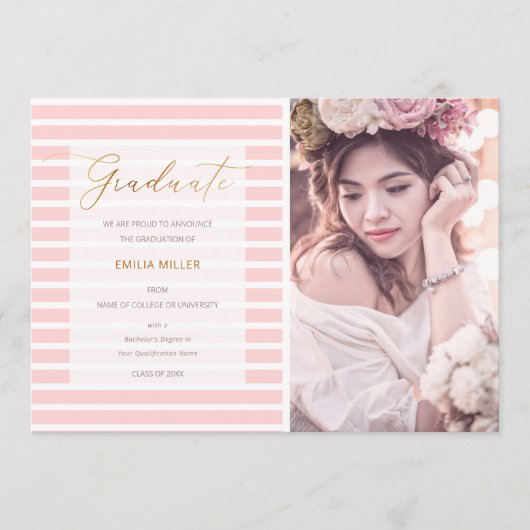 Faire-part Bleu rose rayures Moderne Graduation Photo (Devant)