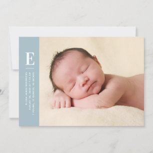 Faire-part Bleu simple Monogramme Nouveau bébé photo naissanc