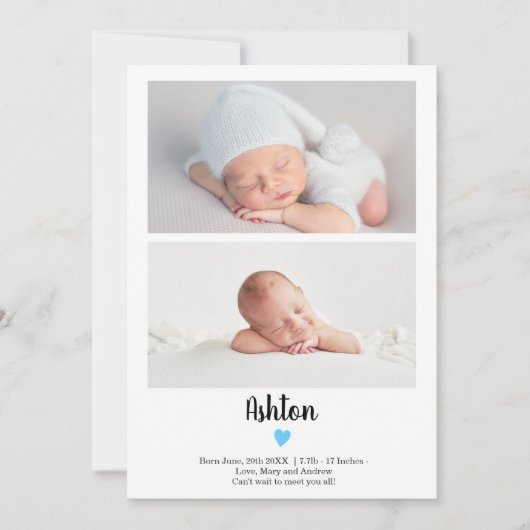 Faire-part Bleu simple script coeur 2 photos garçon bébé nais (Devant)